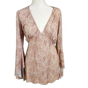Thrill bell sleeve paisley deep v-neck top